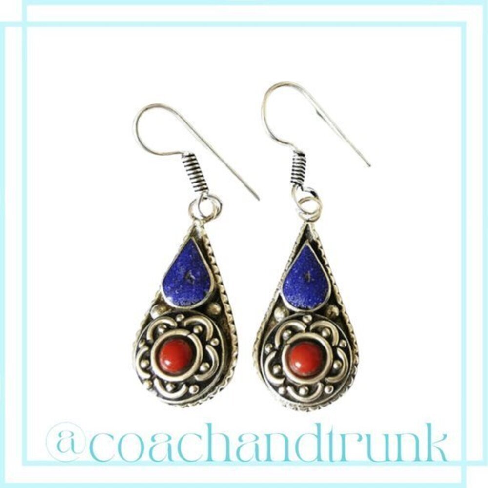 Lapis Red Coral Inlayed Silver Handcrafted Tear Water Drop Hook Earrings